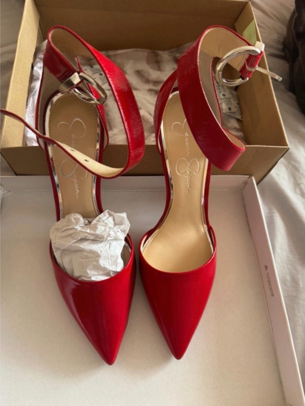Jessica Simpson Red Patent Pointed-Toe Ankle-Strap Pumps